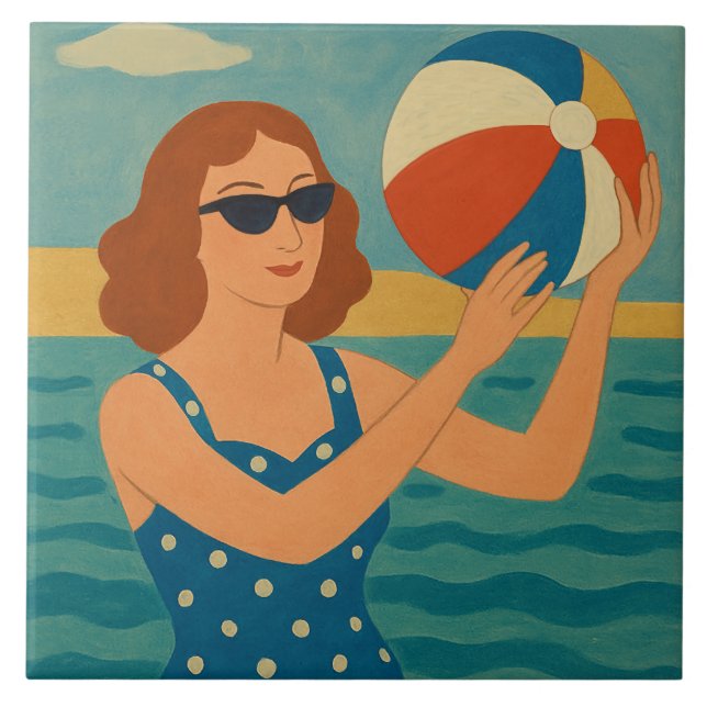 Vintage Schwimmer mit Strandball Fliese (Vorderseite)