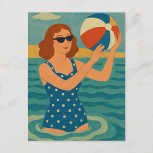 Vintage Schwimmer mit Strandball Postkarte