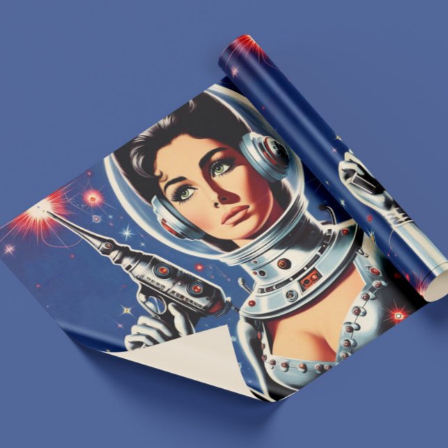 Vintage-Sci-Fi-Astronautin-Mädchen Geschenkpapier (Von Creator hochgeladen)