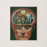 Vintage Science Fiction, Alien Brain im Labor<br><div class="desc">Vintage Illustration futuristische Science Fiction Außerirdischen und Roboter Bild mit einem Mann, dessen Gehirn exponiert zeigt ein Labor. Ein klassisches Comic-Buch-Design mit einem Cyborg-Wissenschaftler mit seiner Hand in sein Kinn mit einem intensiven Blick auf sein Gesicht und sieht aus, als ob er an die Zukunft denkt oder vielleicht gerade in...</div>