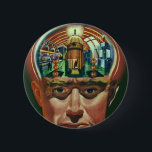 Vintage Science Fiction, Alien Brain im Labor Button<br><div class="desc">Vintage Illustration futuristische Science Fiction Außerirdischen und Roboter Bild mit einem Mann, dessen Gehirn exponiert zeigt ein Labor. Ein klassisches Comic-Buch-Design mit einem Cyborg-Wissenschaftler mit seiner Hand in sein Kinn mit einem intensiven Blick auf sein Gesicht und sieht aus, als ob er an die Zukunft denkt oder vielleicht gerade in...</div>