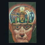 Vintage Science Fiction, Alien Brain im Labor Handtuch<br><div class="desc">Vintage Illustration futuristische Science Fiction Außerirdischen und Roboter Bild mit einem Mann, dessen Gehirn exponiert zeigt ein Labor. Ein klassisches Comic-Buch-Design mit einem Cyborg-Wissenschaftler mit seiner Hand in sein Kinn mit einem intensiven Blick auf sein Gesicht und sieht aus, als ob er an die Zukunft denkt oder vielleicht gerade in...</div>