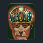 Vintage Science Fiction, Alien Brain im Labor Magnet<br><div class="desc">Vintage Illustration futuristische Science Fiction Außerirdischen und Roboter Bild mit einem Mann, dessen Gehirn exponiert zeigt ein Labor. Ein klassisches Comic-Buch-Design mit einem Cyborg-Wissenschaftler mit seiner Hand in sein Kinn mit einem intensiven Blick auf sein Gesicht und sieht aus, als ob er an die Zukunft denkt oder vielleicht gerade in...</div>