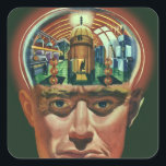 Vintage Science Fiction, Alien Brain im Labor Quadratischer Aufkleber<br><div class="desc">Vintage Illustration futuristische Science Fiction Außerirdischen und Roboter Bild mit einem Mann, dessen Gehirn exponiert zeigt ein Labor. Ein klassisches Comic-Buch-Design mit einem Cyborg-Wissenschaftler mit seiner Hand in sein Kinn mit einem intensiven Blick auf sein Gesicht und sieht aus, als ob er an die Zukunft denkt oder vielleicht gerade in...</div>