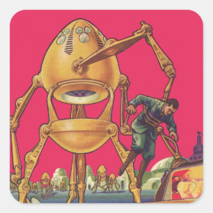 Vintage Science Fiction Alien Robot Captures Man Quadratischer Aufkleber
