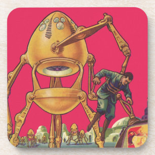 Vintage Science-Fiction-Alien-Roboter nimmt Mann g Getränkeuntersetzer