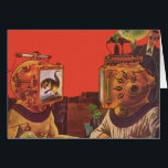 Vintage Science Fiction, Alien Steam Punk Helme<br><div class="desc">Vintage Illustration futuristische Science Fiction Steampunk Laborbild. Ein klassisches 50er Retro-Sci-Fi-Design mit zwei Personen, die zukünftig mit Videohelmen kommunizieren. Einer der Helme hat einen Dinosaurier auf dem Bildschirm. Ein Wissenschaftler ist verantwortlich für die Maschinen und führt das Experiment.</div>
