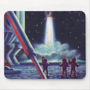 Vintage Science-Fiction-Aliens winken einer Rakete Mousepad