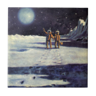 Vintage-Science-Fiction-Astronaut-Aliens auf dem M Fliese