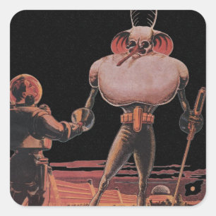Vintage-Science-Fiction-Astronaut gibt Außerirdisc Quadratischer Aufkleber