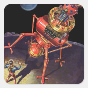Vintage Science Fiction Astronaut mit Alien Robot Quadratischer Aufkleber