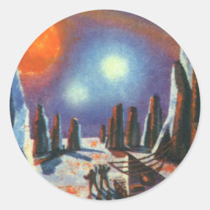 Vintage-Science-Fiction-Ausländischer-Planet-mit-A Runder Aufkleber