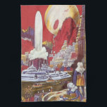 Vintage Science Fiction, die verlorene Stadt Atlan Geschirrtuch<br><div class="desc">Vintages Bild der Science Fiction mit Alien-Frauen, die über eine futuristische Stadt schauen, mit einem Wasserbrunnen in der Mitte, Außerirdischen mit Eidechsen für Haustiere, griechischer oder römischer Bauart und einem riesigen Mond im Hintergrund. Könnte die verlorene Stadt Atlantis sein! Ein klassisches Comic Buch Zukunft Retro Sci fi Szene aus dem...</div>