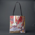 Vintage Science Fiction, die verlorene Stadt Atlan Tasche<br><div class="desc">Vintages Bild der Science Fiction mit Alien-Frauen, die über eine futuristische Stadt schauen, mit einem Wasserbrunnen in der Mitte, Außerirdischen mit Eidechsen für Haustiere, griechischer oder römischer Bauart und einem riesigen Mond im Hintergrund. Könnte die verlorene Stadt Atlantis sein! Ein klassisches Comic Buch Zukunft Retro Sci fi Szene aus dem...</div>