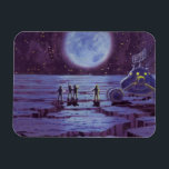Vintage Science Fiction Erde Rover Außerirdischen  Magnet<br><div class="desc">Vintage Illustration futuristische Außerirdischen und Roboter Science Fiction Bild mit einem klassischen 50er Comic Buch Design. Retro-Sci-Fi-Design mit Alien-Astronauten auf einem fremden Planeten mit einem Raumfahrzeug,  Mondrover oder Mondrover und Blick auf die Erde und den Weltraum und winkend. Ein dunkler Himmel mit hellen Sternen und Planeten.</div>