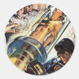 Vintage Science-Fiction, Frau im Laborexperiment Runder Aufkleber