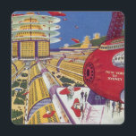 Vintage Science Fiction, futuristische New York Ci<br><div class="desc">Vintages Bild der Reise und der Science Fiction des Transports mit einem futuristischen Flughafen mit einem Flugzeug,  das von New York City in den USA nach Sydney,  Australien fliegt. Ein klassisches Comic Buch Zukunft Retro-Sci-Fi-Design mit Menschen in persönlichen fliegenden Flugzeug-Autos.</div>