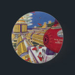 Vintage Science Fiction, futuristische New York Ci Button<br><div class="desc">Vintages Bild der Reise und der Science Fiction des Transports mit einem futuristischen Flughafen mit einem Flugzeug,  das von New York City in den USA nach Sydney,  Australien fliegt. Ein klassisches Comic Buch Zukunft Retro-Sci-Fi-Design mit Menschen in persönlichen fliegenden Flugzeug-Autos.</div>