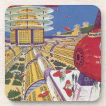 Vintage Science Fiction, futuristische New York Ci Getränkeuntersetzer<br><div class="desc">Vintages Bild der Reise und der Science Fiction des Transports mit einem futuristischen Flughafen mit einem Flugzeug,  das von New York City in den USA nach Sydney,  Australien fliegt. Ein klassisches Comic Buch Zukunft Retro-Sci-Fi-Design mit Menschen in persönlichen fliegenden Flugzeug-Autos.</div>