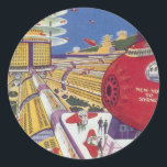 Vintage Science Fiction, futuristische New York Ci Runder Aufkleber<br><div class="desc">Vintages Bild der Reise und der Science Fiction des Transports mit einem futuristischen Flughafen mit einem Flugzeug,  das von New York City in den USA nach Sydney,  Australien fliegt. Ein klassisches Comic Buch Zukunft Retro-Sci-Fi-Design mit Menschen in persönlichen fliegenden Flugzeug-Autos.</div>