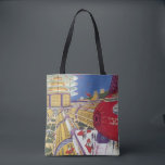 Vintage Science Fiction, futuristische New York Ci Tasche<br><div class="desc">Vintages Bild der Reise und der Science Fiction des Transports mit einem futuristischen Flughafen mit einem Flugzeug,  das von New York City in den USA nach Sydney,  Australien fliegt. Ein klassisches Comic Buch Zukunft Retro-Sci-Fi-Design mit Menschen in persönlichen fliegenden Flugzeug-Autos.</div>