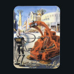 Vintage Science Fiction Futuristische Stadt Alien  Magnet<br><div class="desc">Vintage Illustration futuristische Science Fiction Außerirdischen und Roboter Image. Ein klassisches Retro-Sci-Fi-futuristisches Design mit Außerirdischen in einem Kampf oder Kampf in einer Metropole der Zukunft mit Gebäude in Ruinen überall um sie herum.</div>