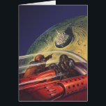 Vintage Science Fiction, futuristische Stadt auf d<br><div class="desc">Vintages Bild der Reise und der Science Fiction des Transports mit einem klassischen Comic-Buch Retro-SciFi Weltraum und Planeten-Bild von Astronauten oder Außerirdischen reisen in einem Raumschiff über eine futuristische Metropole auf dem Mond.</div>