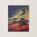 Vintage Science Fiction, futuristische Stadt auf d<br><div class="desc">Vintages Bild der Reise und der Science Fiction des Transports mit einem klassischen Comic-Buch Retro-SciFi Weltraum und Planeten-Bild von Astronauten oder Außerirdischen reisen in einem Raumschiff über eine futuristische Metropole auf dem Mond.</div>