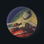 Vintage Science Fiction, futuristische Stadt auf d Button<br><div class="desc">Vintages Bild der Reise und der Science Fiction des Transports mit einem klassischen Comic-Buch Retro-SciFi Weltraum und Planeten-Bild von Astronauten oder Außerirdischen reisen in einem Raumschiff über eine futuristische Metropole auf dem Mond.</div>