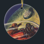 Vintage Science Fiction, futuristische Stadt auf d Keramik Ornament<br><div class="desc">Vintages Bild der Reise und der Science Fiction des Transports mit einem klassischen Comic-Buch Retro-SciFi Weltraum und Planeten-Bild von Astronauten oder Außerirdischen reisen in einem Raumschiff über eine futuristische Metropole auf dem Mond.</div>