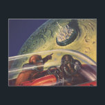 Vintage Science Fiction, futuristische Stadt auf d Postkarte<br><div class="desc">Vintages Bild der Reise und der Science Fiction des Transports mit einem klassischen Comic-Buch Retro-SciFi Weltraum und Planeten-Bild von Astronauten oder Außerirdischen reisen in einem Raumschiff über eine futuristische Metropole auf dem Mond.</div>