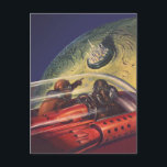 Vintage Science Fiction, futuristische Stadt auf d Postkarte<br><div class="desc">Vintages Bild der Reise und der Science Fiction des Transports mit einem klassischen Comic-Buch Retro-SciFi Weltraum und Planeten-Bild von Astronauten oder Außerirdischen reisen in einem Raumschiff über eine futuristische Metropole auf dem Mond.</div>