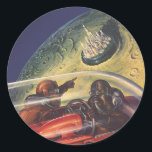 Vintage Science Fiction, futuristische Stadt auf d Runder Aufkleber<br><div class="desc">Vintages Bild der Reise und der Science Fiction des Transports mit einem klassischen Comic-Buch Retro-SciFi Weltraum und Planeten-Bild von Astronauten oder Außerirdischen reisen in einem Raumschiff über eine futuristische Metropole auf dem Mond.</div>