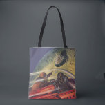 Vintage Science Fiction, futuristische Stadt auf d Tasche<br><div class="desc">Vintages Bild der Reise und der Science Fiction des Transports mit einem klassischen Comic-Buch Retro-SciFi Weltraum und Planeten-Bild von Astronauten oder Außerirdischen reisen in einem Raumschiff über eine futuristische Metropole auf dem Mond.</div>