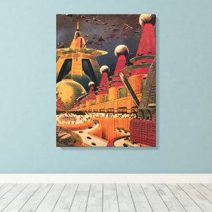 Vintage Science-Fiction futuristische Stadt fliege Leinwanddruck