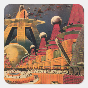 Vintage Science-Fiction futuristische Stadt fliege Quadratischer Aufkleber