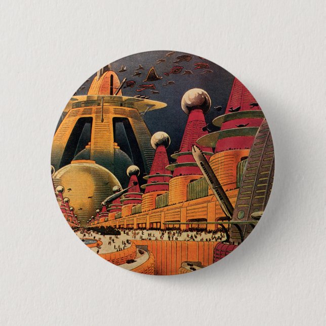 Vintage Science Fiction Futuristische Stadt Flying Button (Vorderseite)