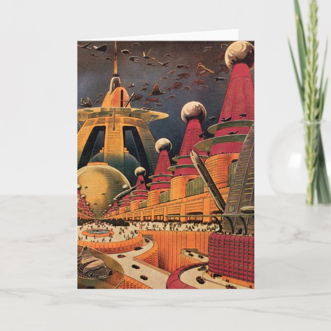Vintage Science Fiction Futuristische Stadt Flying Karte (Vorderseite)