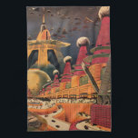 Vintage Science Fiction Futuristische Stadt Flying Küchentuch<br><div class="desc">Vintages Bild der Reise-und Transport-Science Fiction mit einem klassischen Comic-Buch Retro sci,  wenn urbane Umgebung mit einer Stadt der Zukunft. Die architektonischen Gebäude sind wie Kegel geformt und die Fahrzeuge fliegen wie Vögel,  während sich Menschenmassen durch die Metropole bewegen.</div>