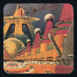 Vintage Science Fiction Futuristische Stadt Flying Quadratischer Aufkleber<br><div class="desc">Vintages Bild der Reise-und Transport-Science Fiction mit einem klassischen Comic-Buch Retro sci,  wenn urbane Umgebung mit einer Stadt der Zukunft. Die architektonischen Gebäude sind wie Kegel geformt und die Fahrzeuge fliegen wie Vögel,  während sich Menschenmassen durch die Metropole bewegen.</div>