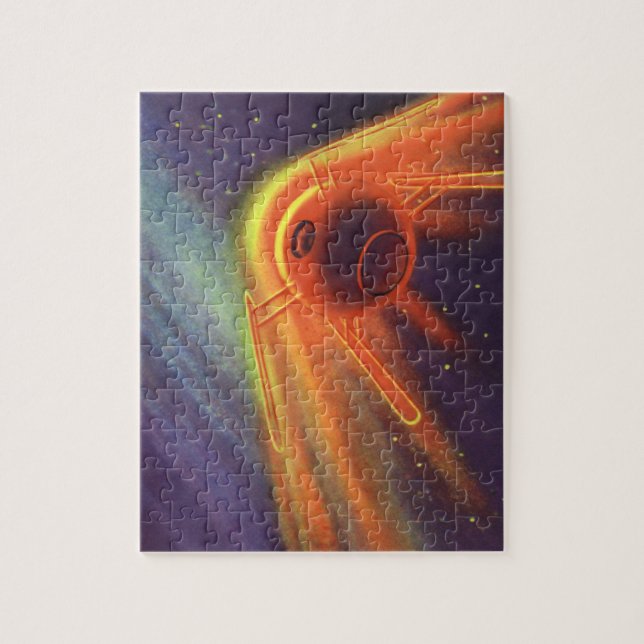 Vintage Science Fiction, glühende Rakete im Weltra (Vertikal)