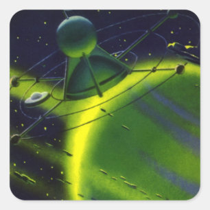 Vintage Science-Fiction grüner Planet mit Raumschi Quadratischer Aufkleber