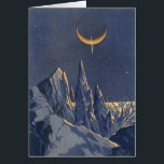 Vintage Science Fiction, Mondschneeplanet<br><div class="desc">Vintage Illustration futuristische Science Fiction Planeten und Weltraumbild. Ein 50er Retro-Sci-Fi-Comic Buch-Design mit einem fremden Planeten bedeckt mit Eis und Schnee in der Nacht mit einem Halbmond über den Bergen im Winter.</div>