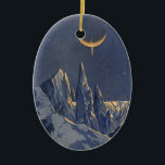 Vintage Science Fiction, Mondschneeplanet Keramikornament<br><div class="desc">Vintage Illustration futuristische Science Fiction Planeten und Weltraumbild. Ein 50er Retro-Sci-Fi-Comic Buch-Design mit einem fremden Planeten bedeckt mit Eis und Schnee in der Nacht mit einem Halbmond über den Bergen im Winter.</div>