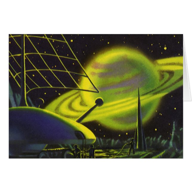 Vintage Science Fiction Neon Green Planet w Rings (Vorderseite (Horizontal))