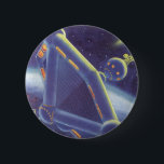 Vintage Science Fiction Orbit-Raumstation Button<br><div class="desc">Vintage Illustration futuristischen Weltraum und Planeten Science Fiction Bild. Eine Raumstation,  die sich um einen Planeten oder Mond umkreist und in Zukunft eine helle Sonne am Himmel strahlt. Ein klassischer 50er Retro-Sci-Fi-Comic Buch Design.</div>