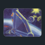 Vintage Science Fiction Orbit-Raumstation Magnet<br><div class="desc">Vintage Illustration futuristischen Weltraum und Planeten Science Fiction Bild. Eine Raumstation,  die sich um einen Planeten oder Mond umkreist und in Zukunft eine helle Sonne am Himmel strahlt. Ein klassischer 50er Retro-Sci-Fi-Comic Buch Design.</div>