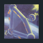 Vintage Science Fiction Orbit-Raumstation Magnet<br><div class="desc">Vintage Illustration futuristischen Weltraum und Planeten Science Fiction Bild. Eine Raumstation,  die sich um einen Planeten oder Mond umkreist und in Zukunft eine helle Sonne am Himmel strahlt. Ein klassischer 50er Retro-Sci-Fi-Comic Buch Design.</div>