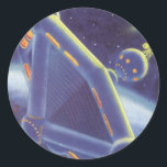 Vintage Science Fiction Orbit-Raumstation Runder Aufkleber<br><div class="desc">Vintage Illustration futuristischen Weltraum und Planeten Science Fiction Bild. Eine Raumstation,  die sich um einen Planeten oder Mond umkreist und in Zukunft eine helle Sonne am Himmel strahlt. Ein klassischer 50er Retro-Sci-Fi-Comic Buch Design.</div>