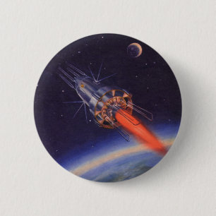 Vintage Science Fiction-Rakete im Weltraum über de Button